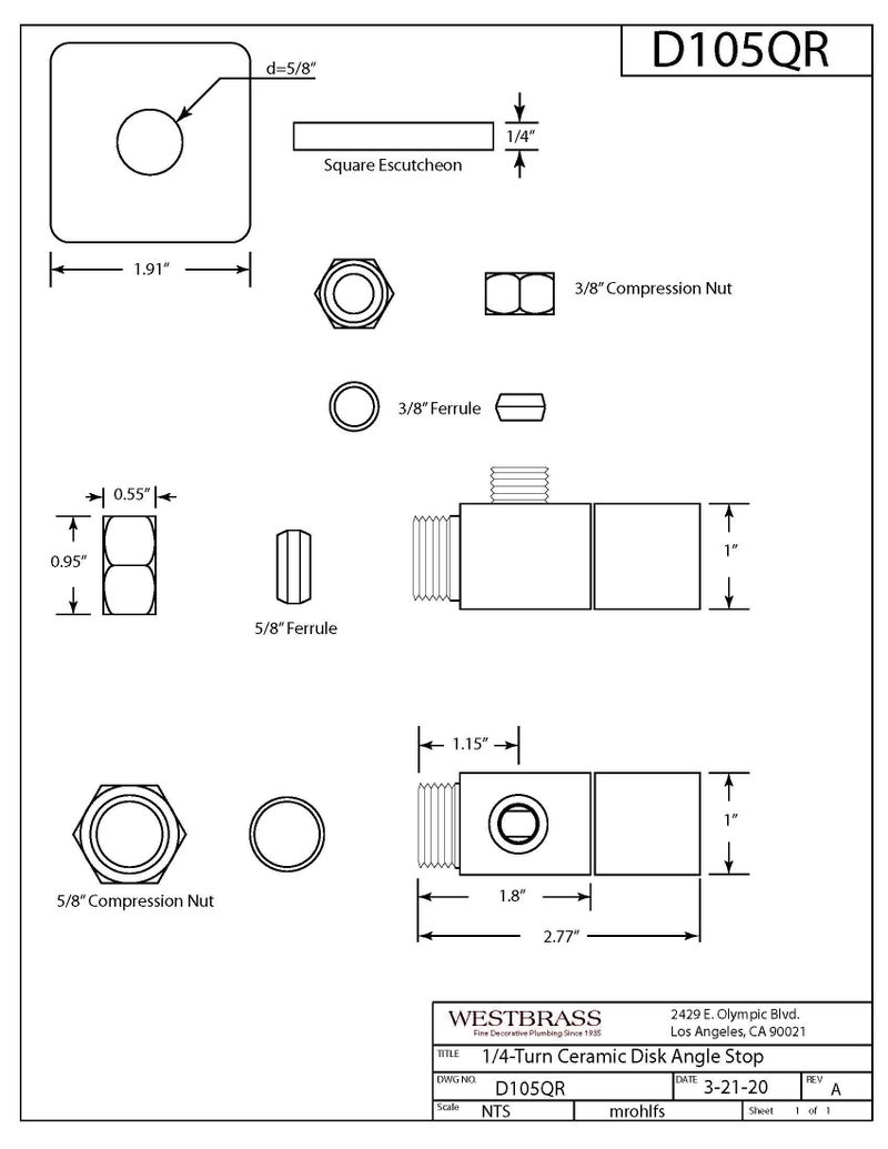 Westbrass D105QS-26 Square Handle 1/4-Turn Angle Stop 1/2" Copper x 3/8" Compression, Polished Chrome - Image 2